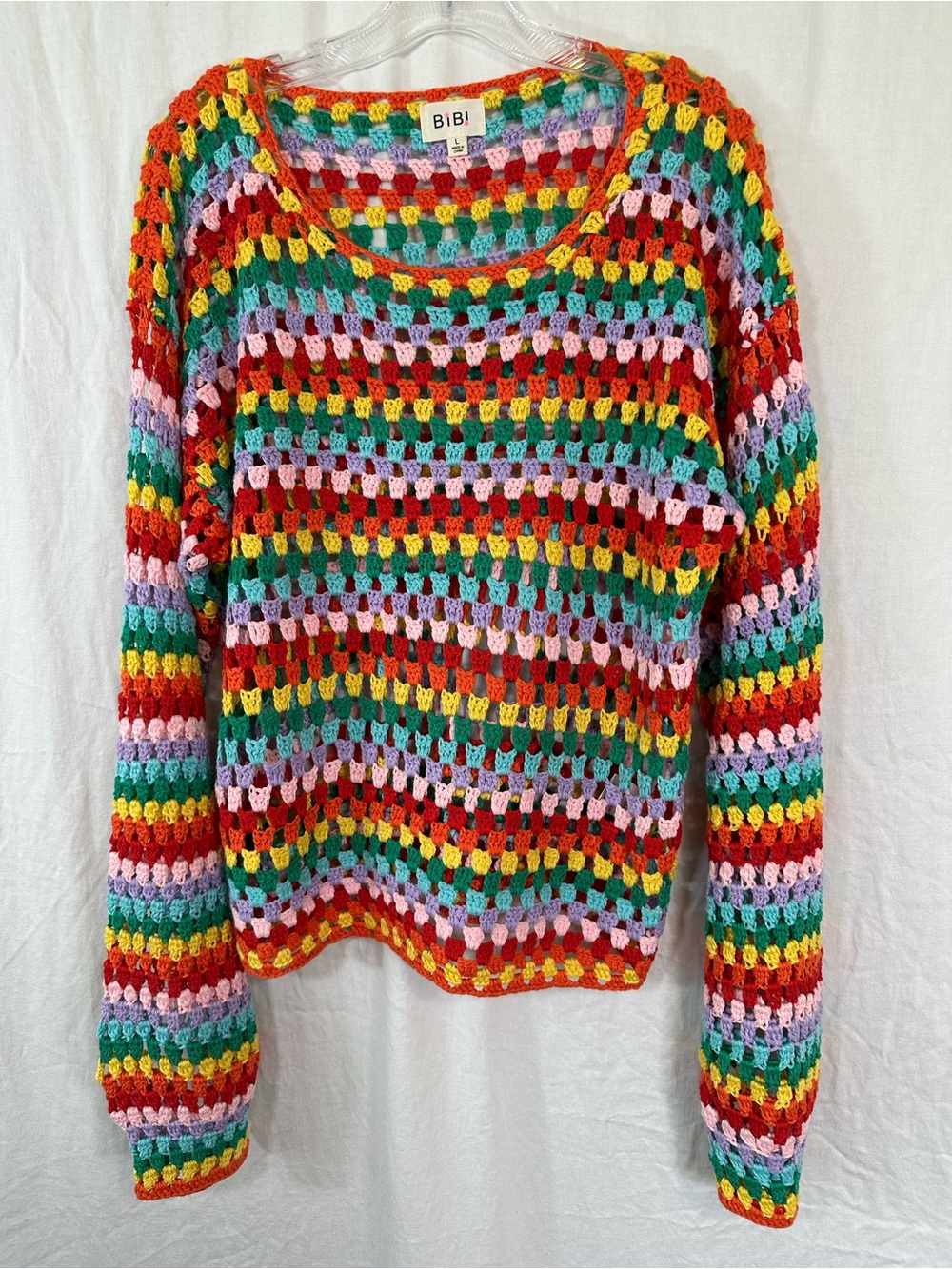 Bibi Rainbow Crochet Long Sleeve Top Sz L